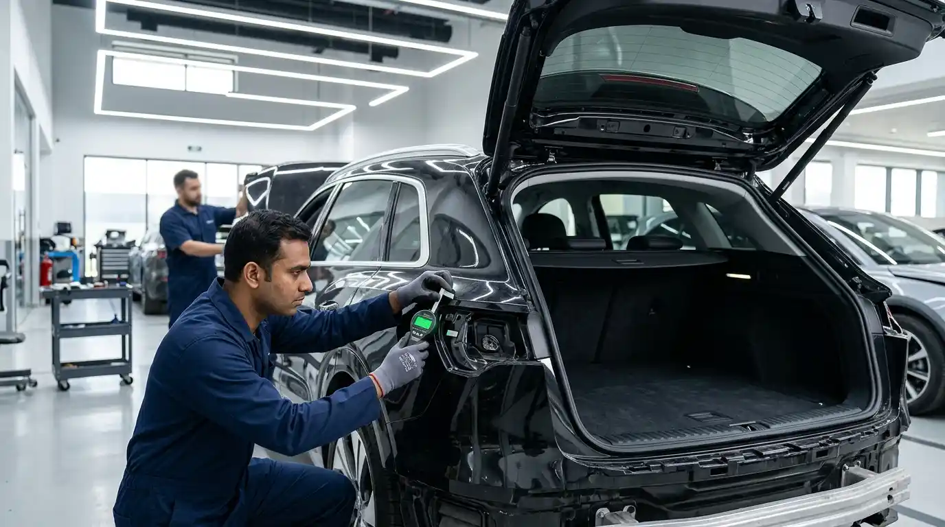 Technician checking Tesla Model Y bonded-glass aperture geometry during roof repair