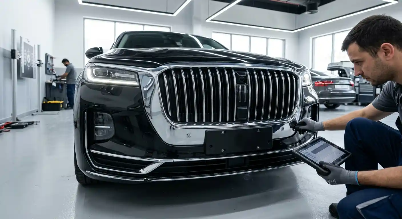 Technician protecting bright mouldings while inspecting cameras and parking sensors near a Hongqi body repair area