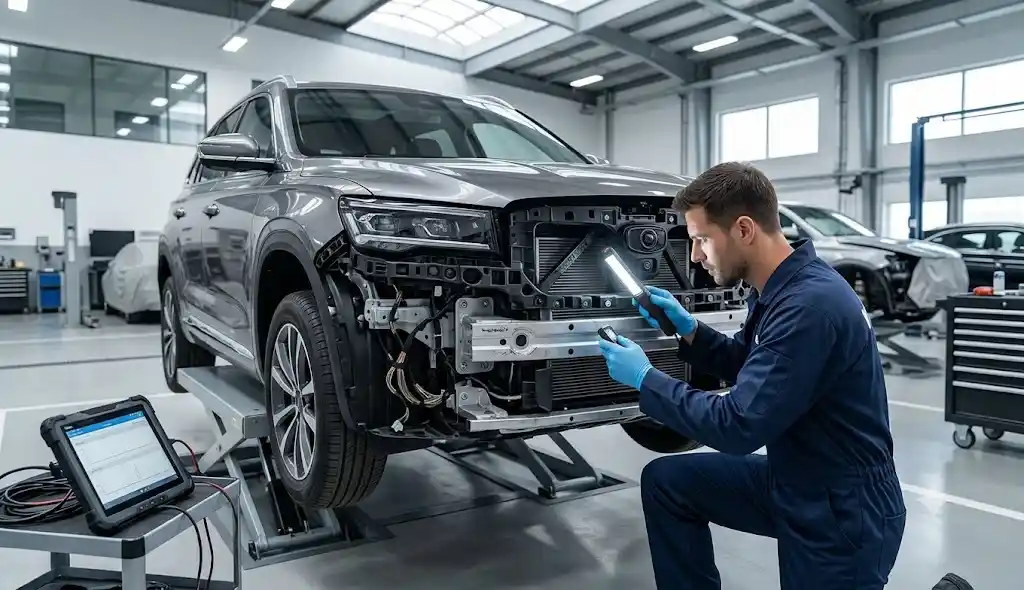 Technician inspecting bumper retainers, parking sensors and camera-adjacent mountings on a Geely repair