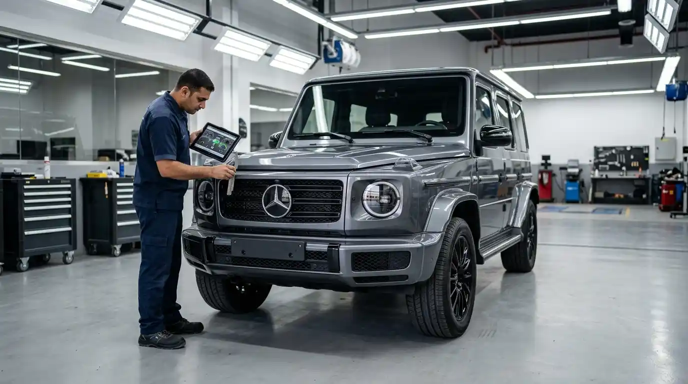 Technician checking bumper alignment and functions after repair
