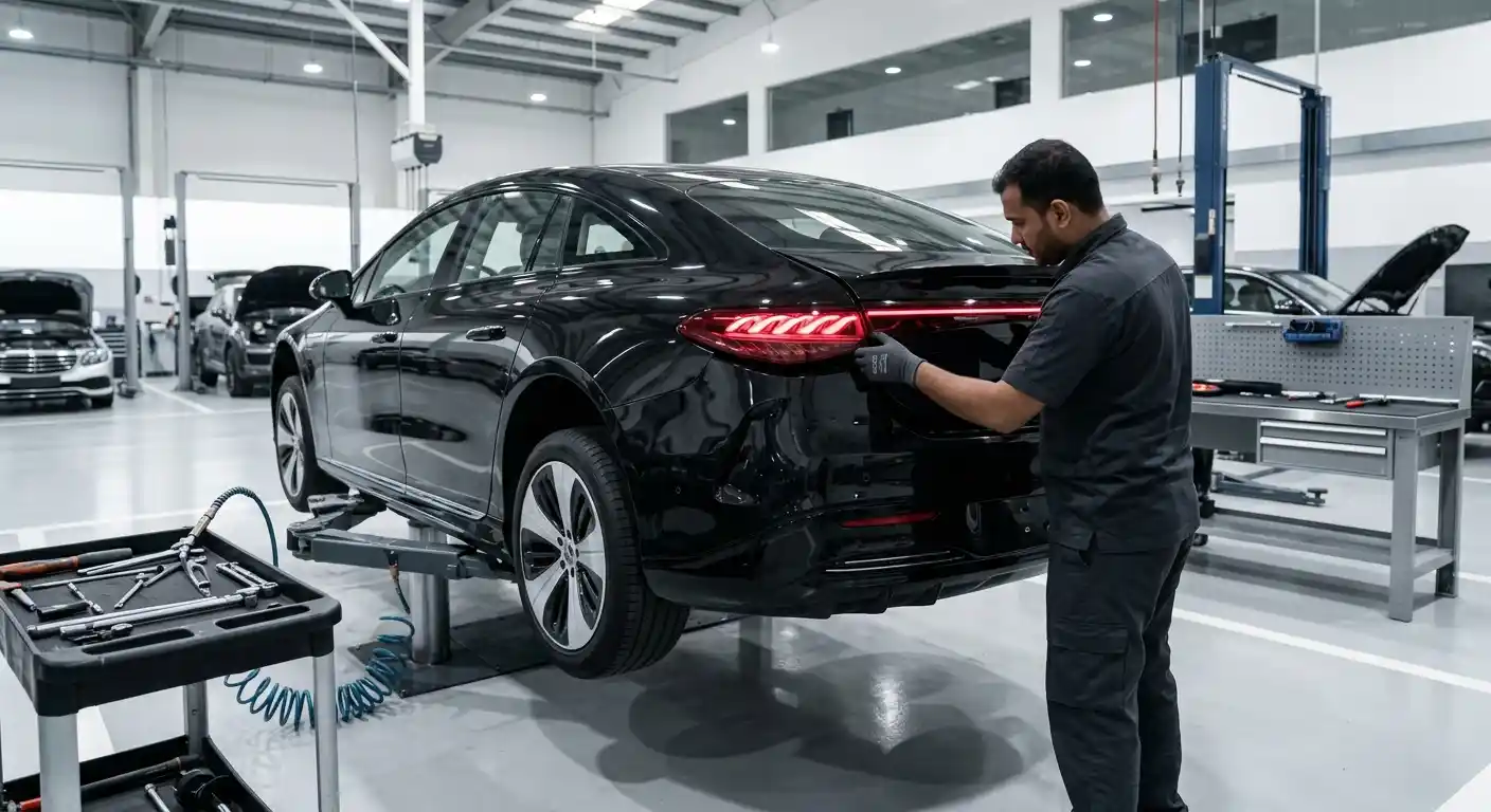 Technician checking flush handles, black cladding and panel alignment on a Polestar after body repair