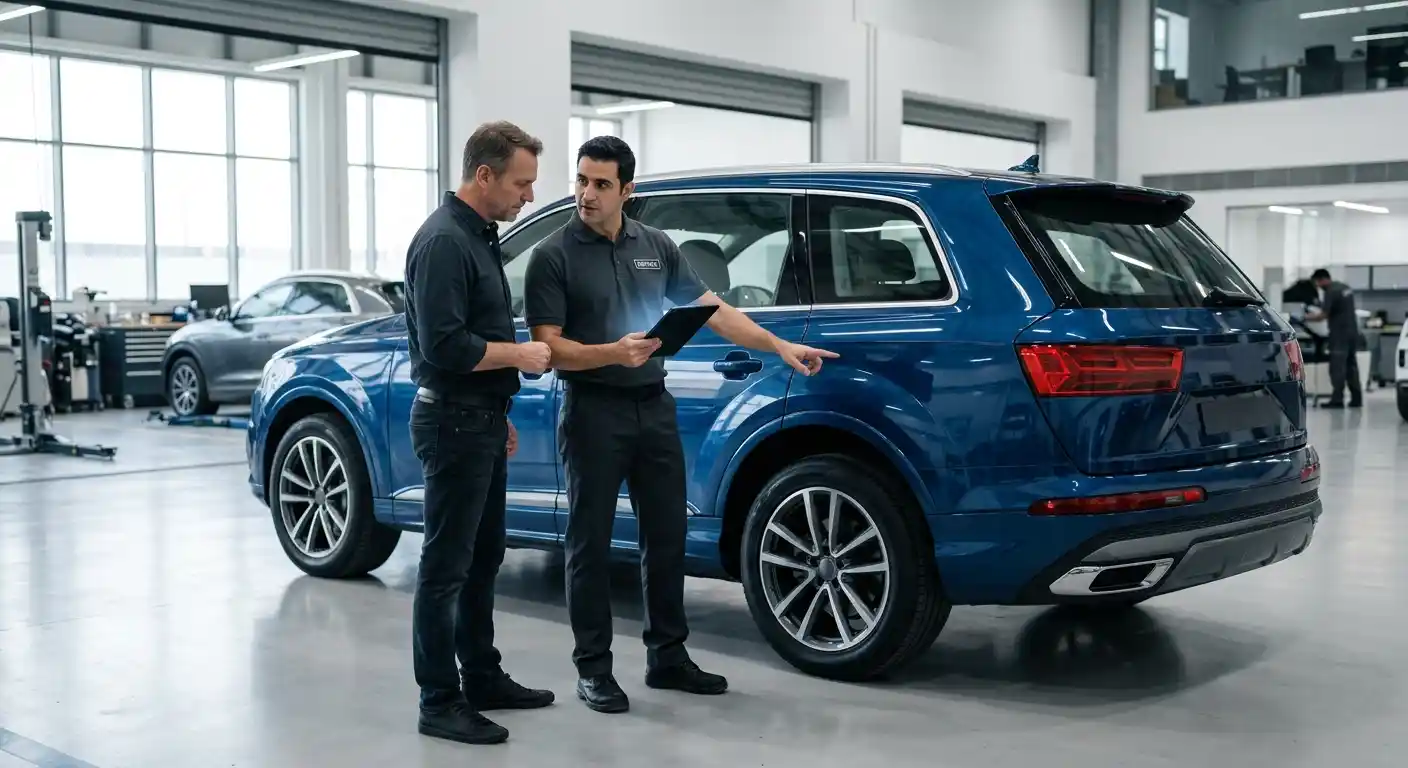 Customer and workshop advisor comparing the completed accident repair with the approved insurance scope at vehicle handover