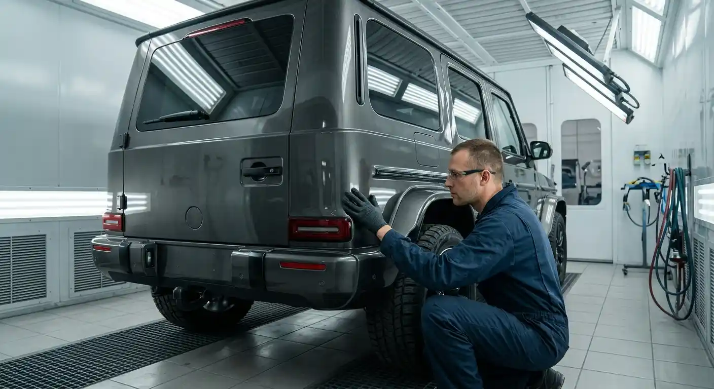 Technician comparing colour, texture and reflection across a large Land Rover body panel under inspection lighting