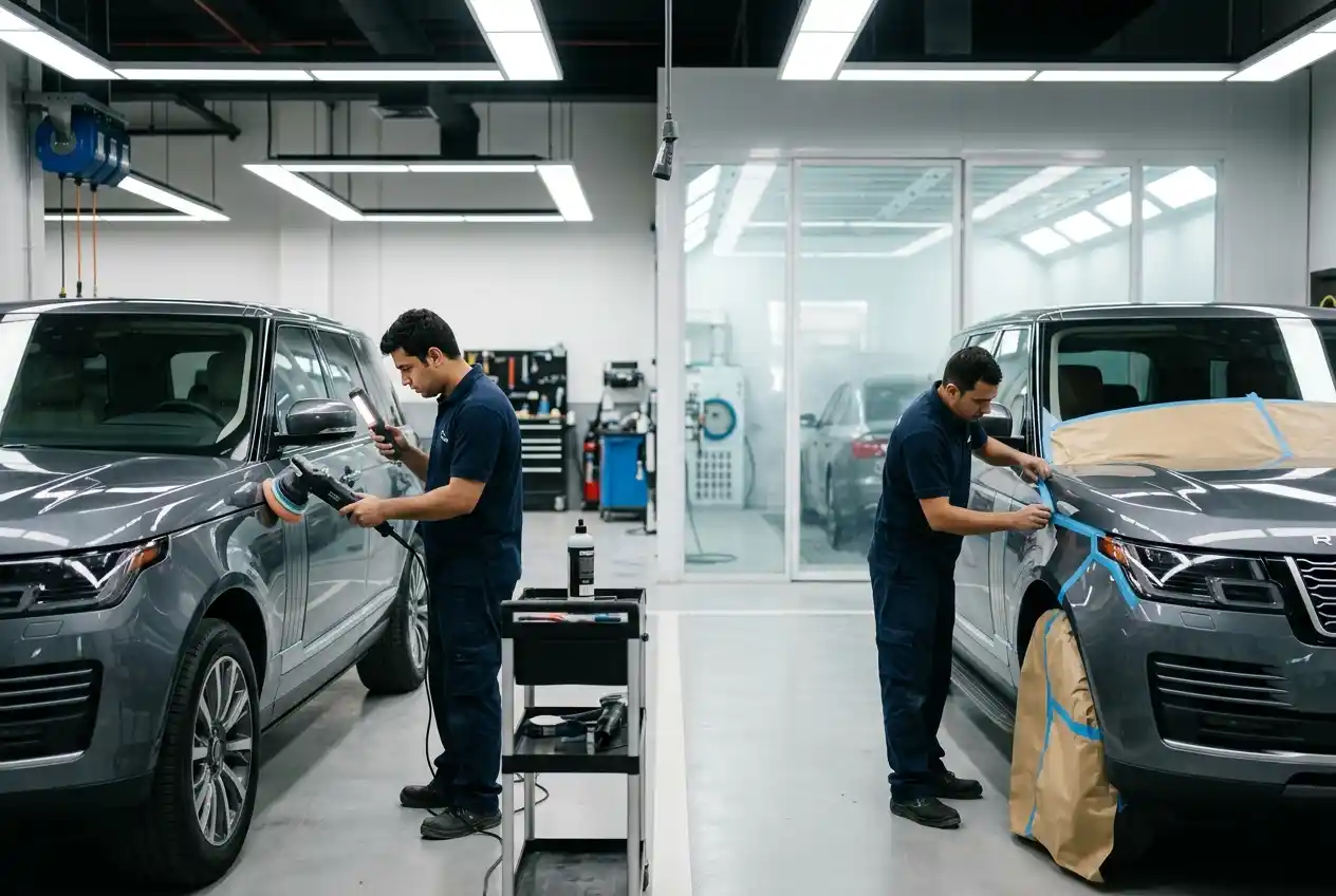 Workshop estimate comparing the included work for repainting and paint correction panel by panel