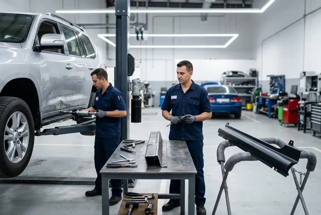 Technician comparing cosmetic rocker repair, section repair and replacement planning for lower-body damage