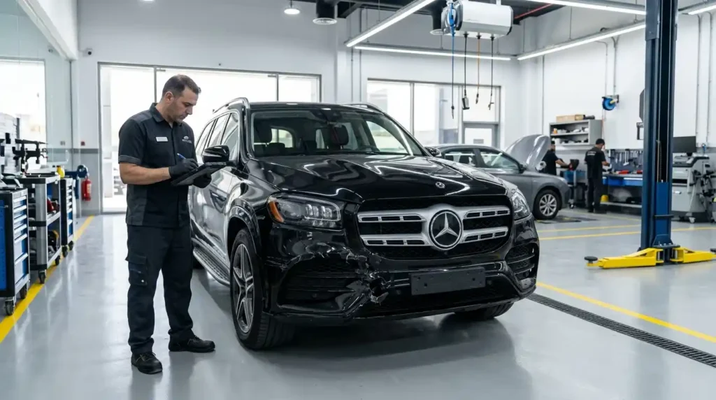 Technician inspecting a cracked front bumper