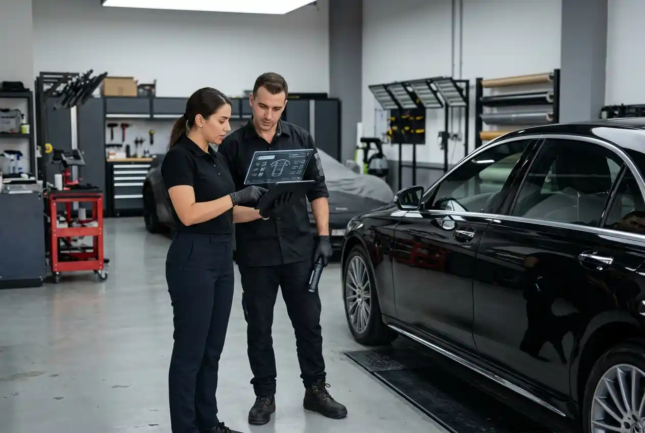 Body shop refinisher and PPF installer reviewing repaint readiness and installation responsibility
