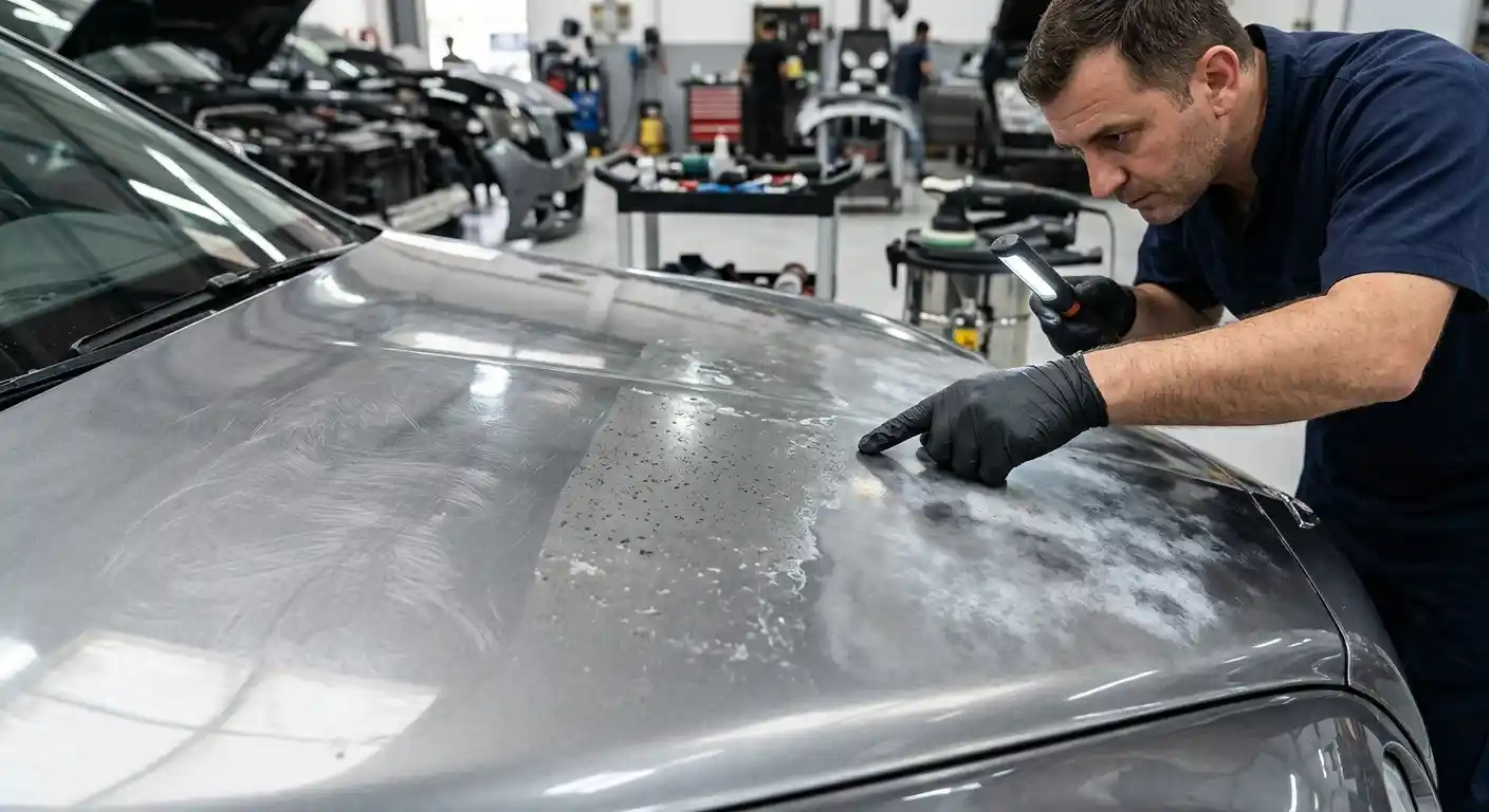 Examining the clarity and condition of a car paint finish