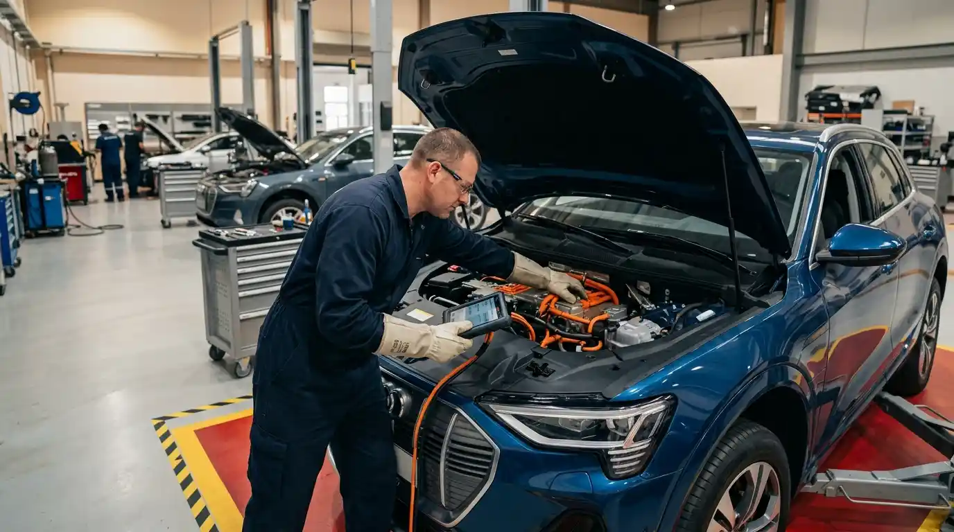Technician inspecting the underbody and high-voltage safety boundary of an electrified MG before body repair