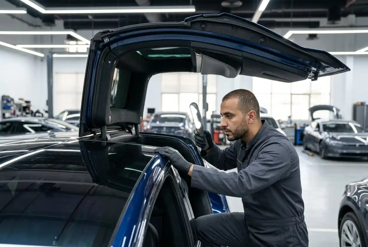 Tesla Model X falcon-wing doors observed at rest before body repair adjustments