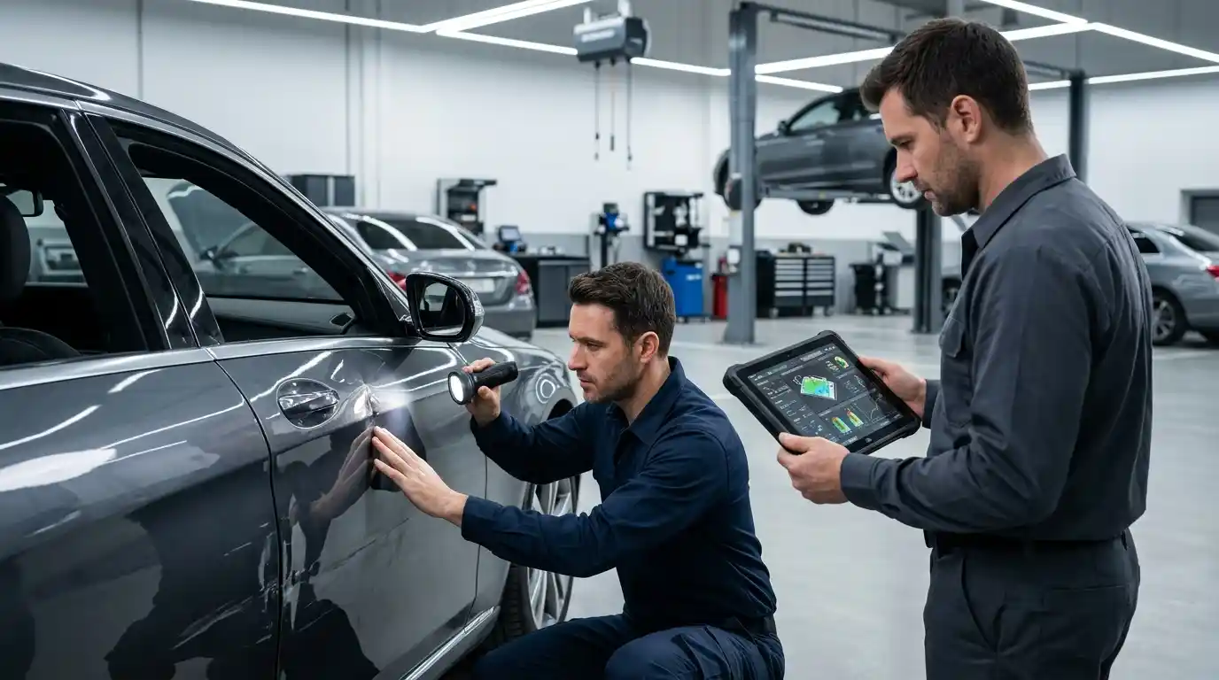Dent repair cost factors showing paint condition, dent shape, access and finished repair scope