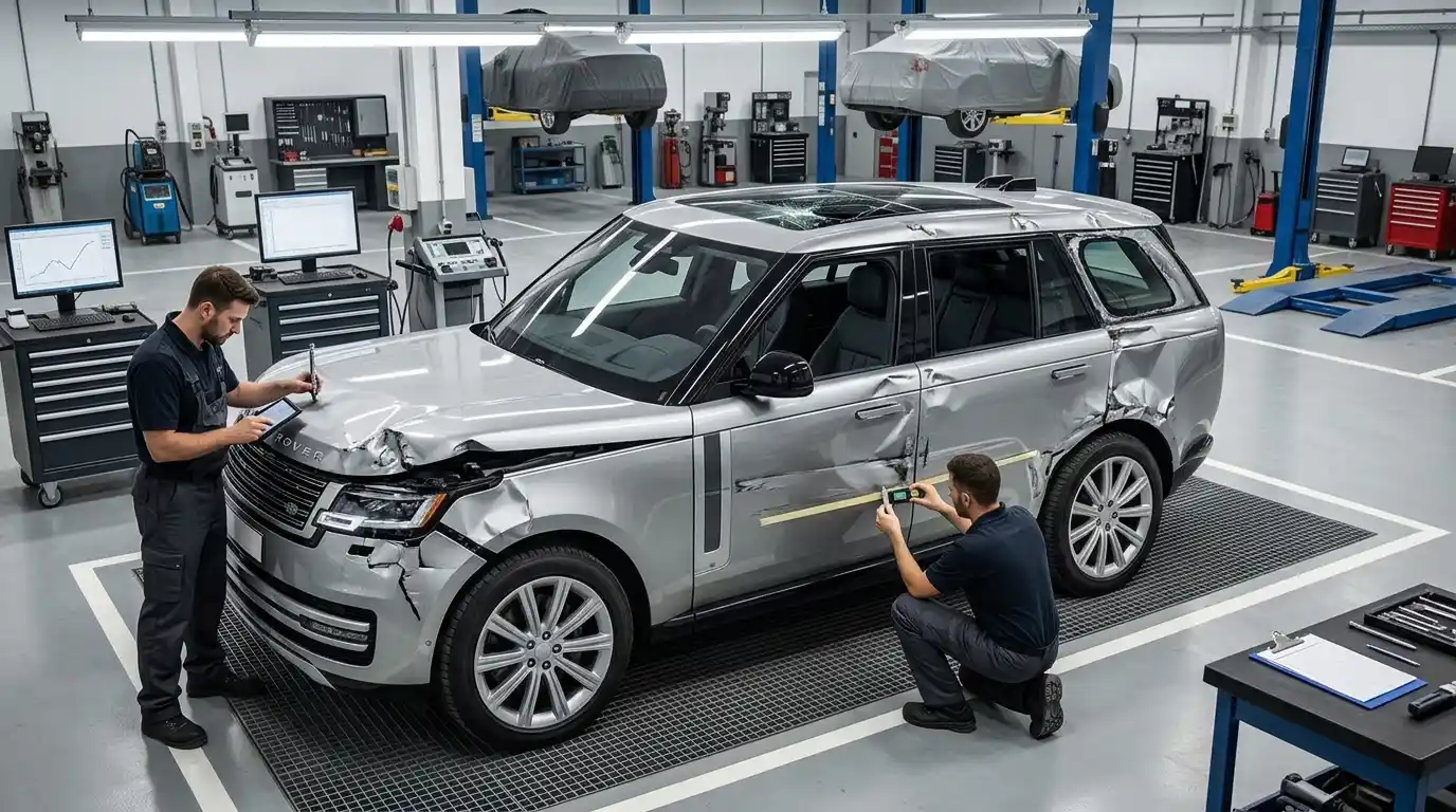 Range Rover body repair inspection showing four connected damage zones