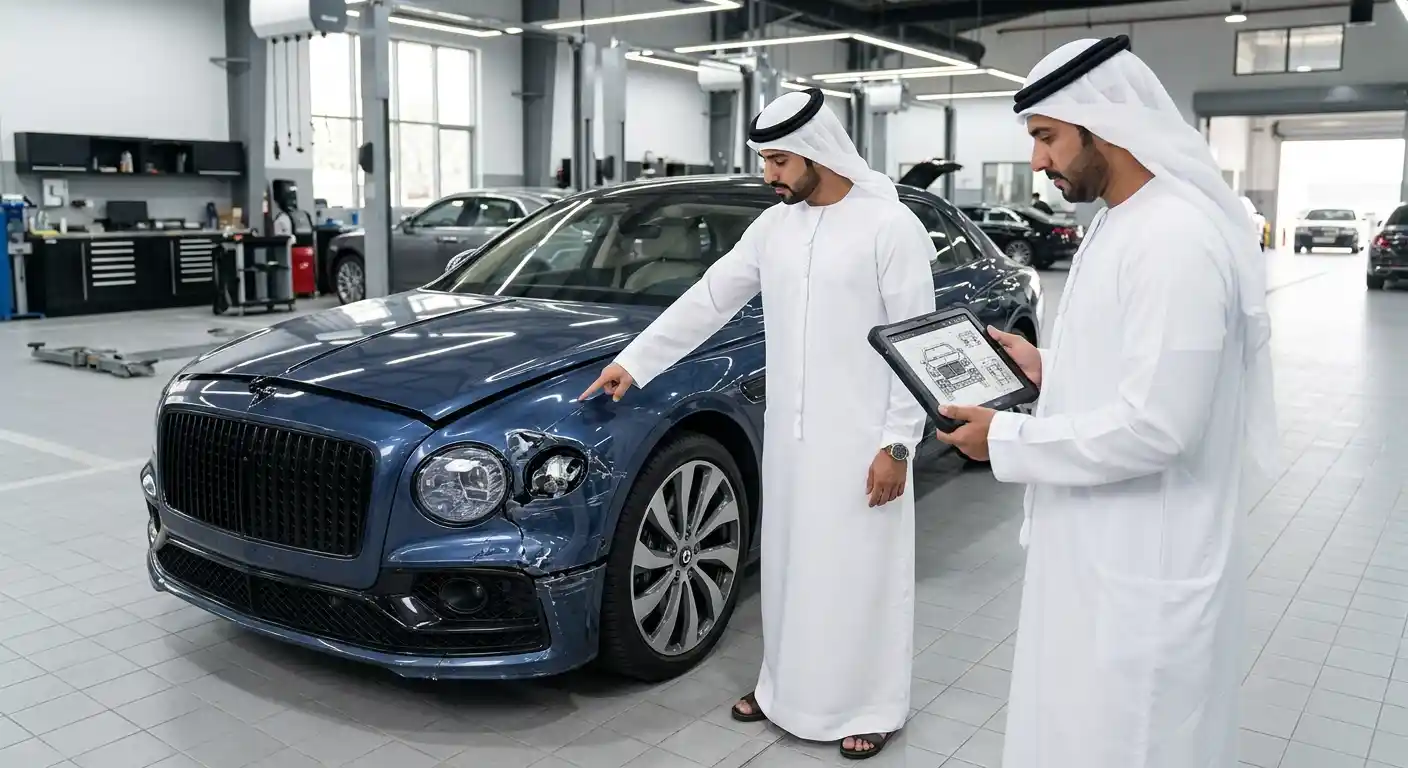 Bentley receiving a final bodywork assessment and repair-scope review in a Dubai workshop