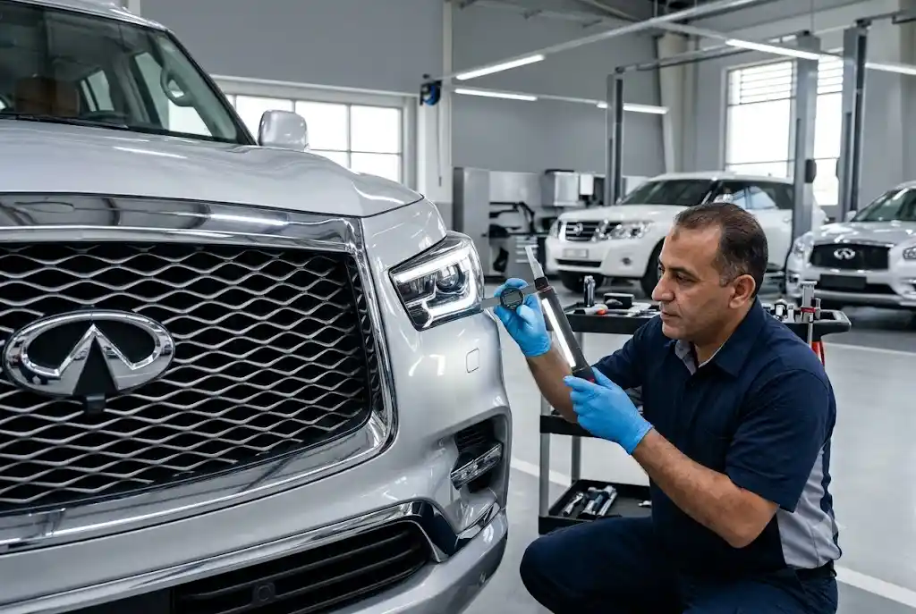 Technician checking Infiniti grille, headlamp, bumper trim and bonnet alignment across a repaired front fascia