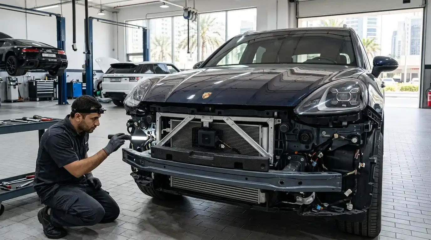 Front bumper removed for inspection of reinforcement, cooling components and sensor mounts