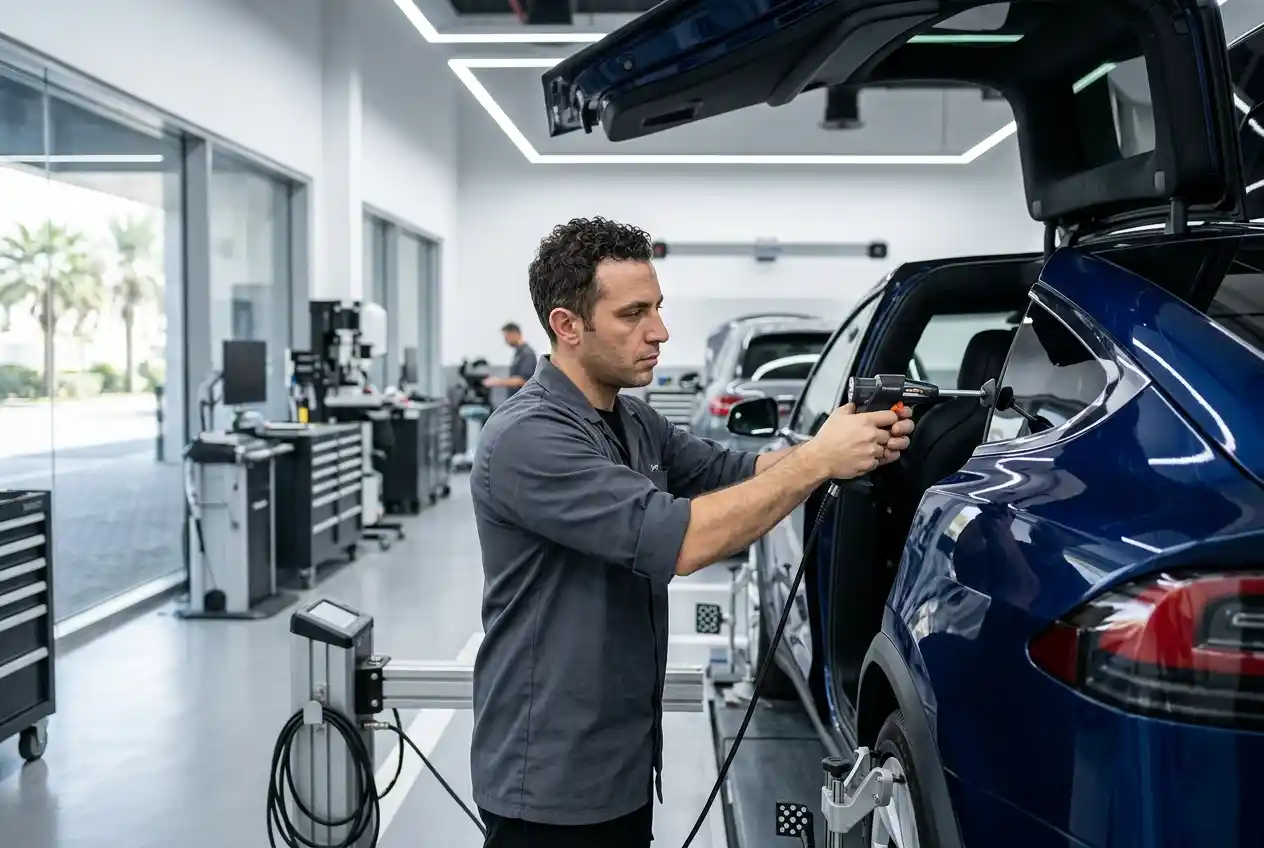 Tesla Model X falcon-wing door hinge mounts inspected for structural evidence after impact