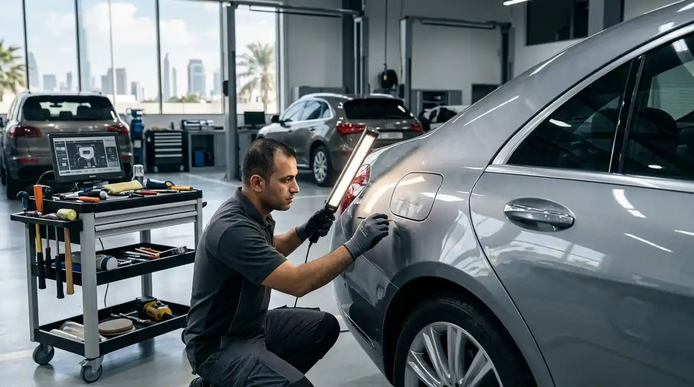 Technician assessing a dent and scratch on a vehicle panel