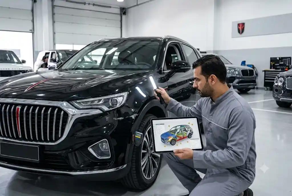 Technician tracing Hongqi body damage from the exterior surface toward mounting points and concealed impact areas