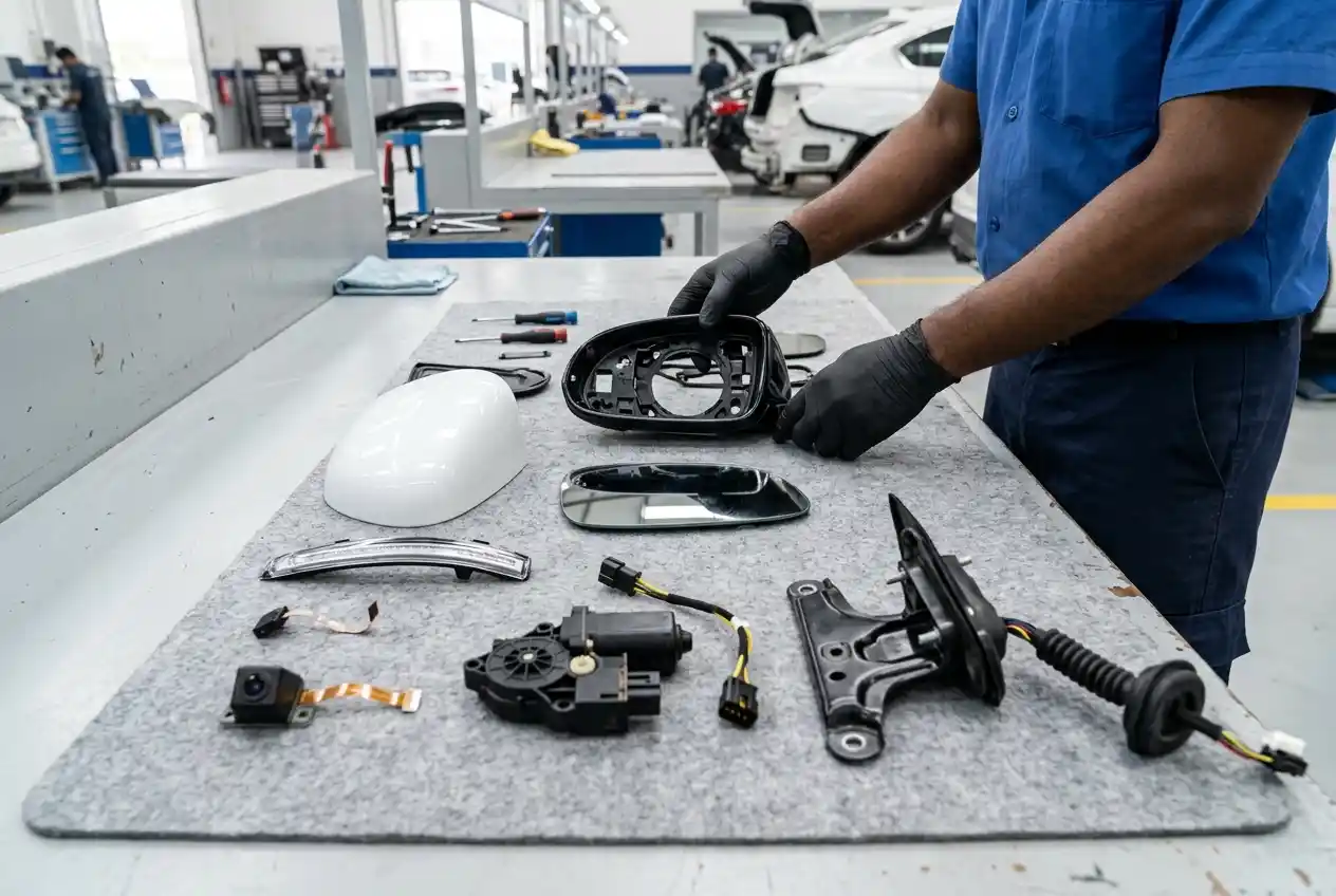 Technician identifying the damaged side mirror layer before ordering cap, housing, glass or electronic parts