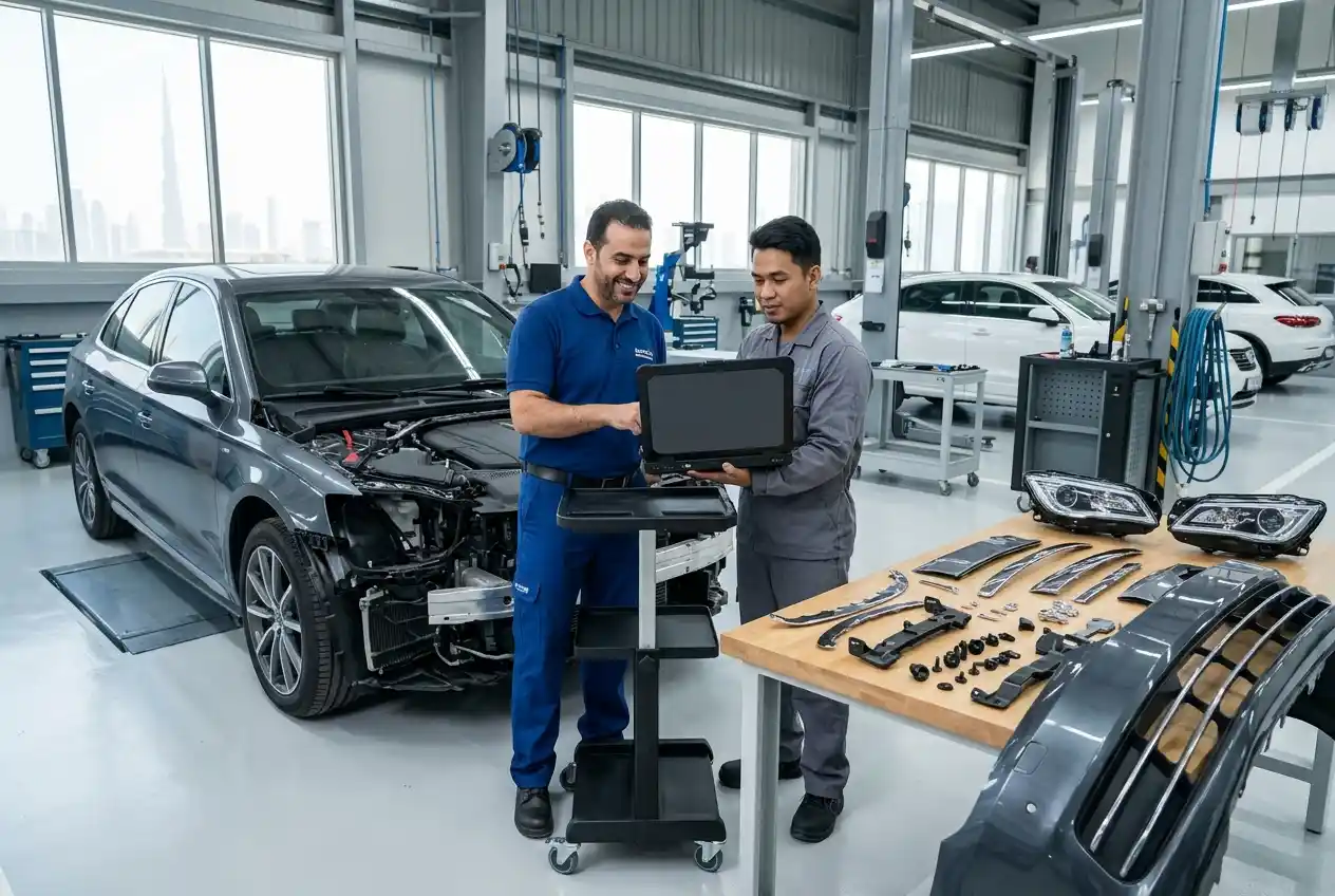 Indicative Emgrand Repair Costs Geely Emgrand body repair cost assessment covering bumper, panel, paint and alignment work in Dubai