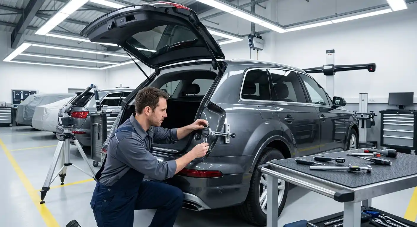 Audi Q7 Tailgate Geometry Inspection Technician checking Audi Q7 tailgate geometry, hinge position and rear opening alignment before cosmetic repair