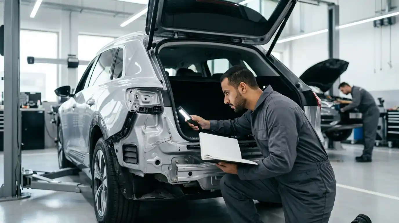 Technician inspecting Tesla Model Y luggage-floor evidence after a rear impact