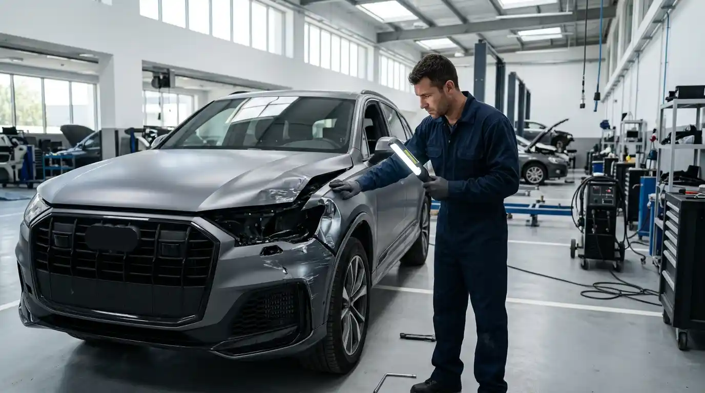 MG vehicle undergoing body repair assessment in a professional Dubai workshop