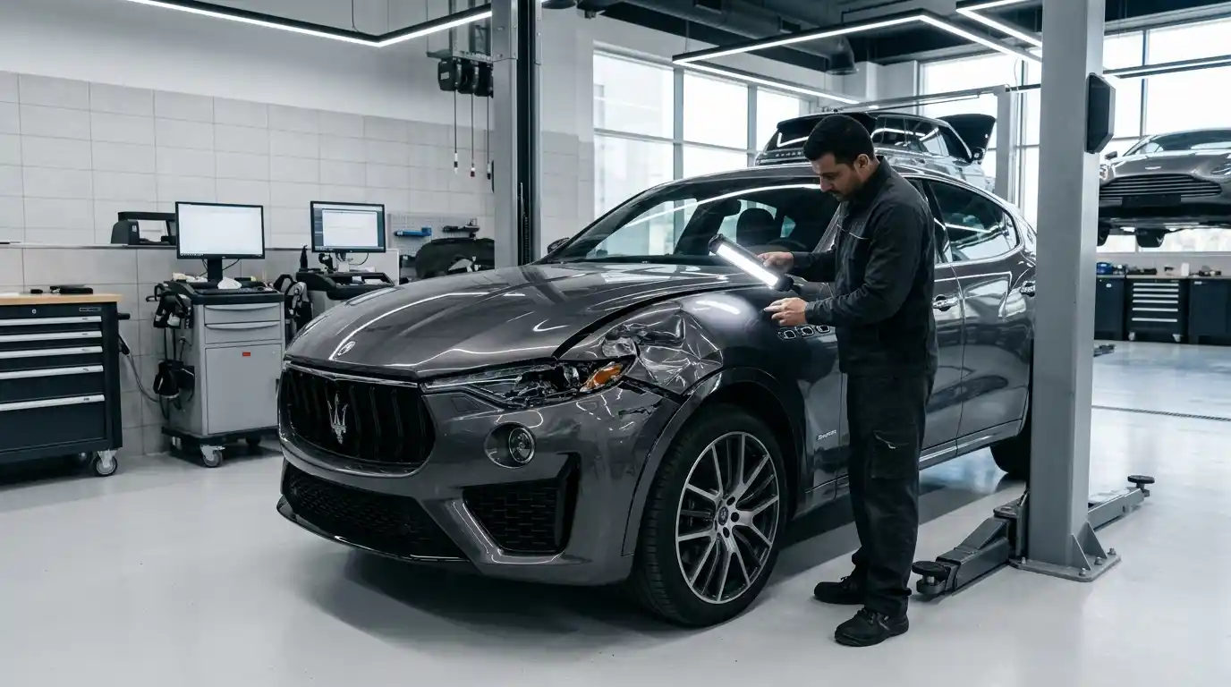 Maserati undergoing body and paint inspection in a professional Dubai repair workshop