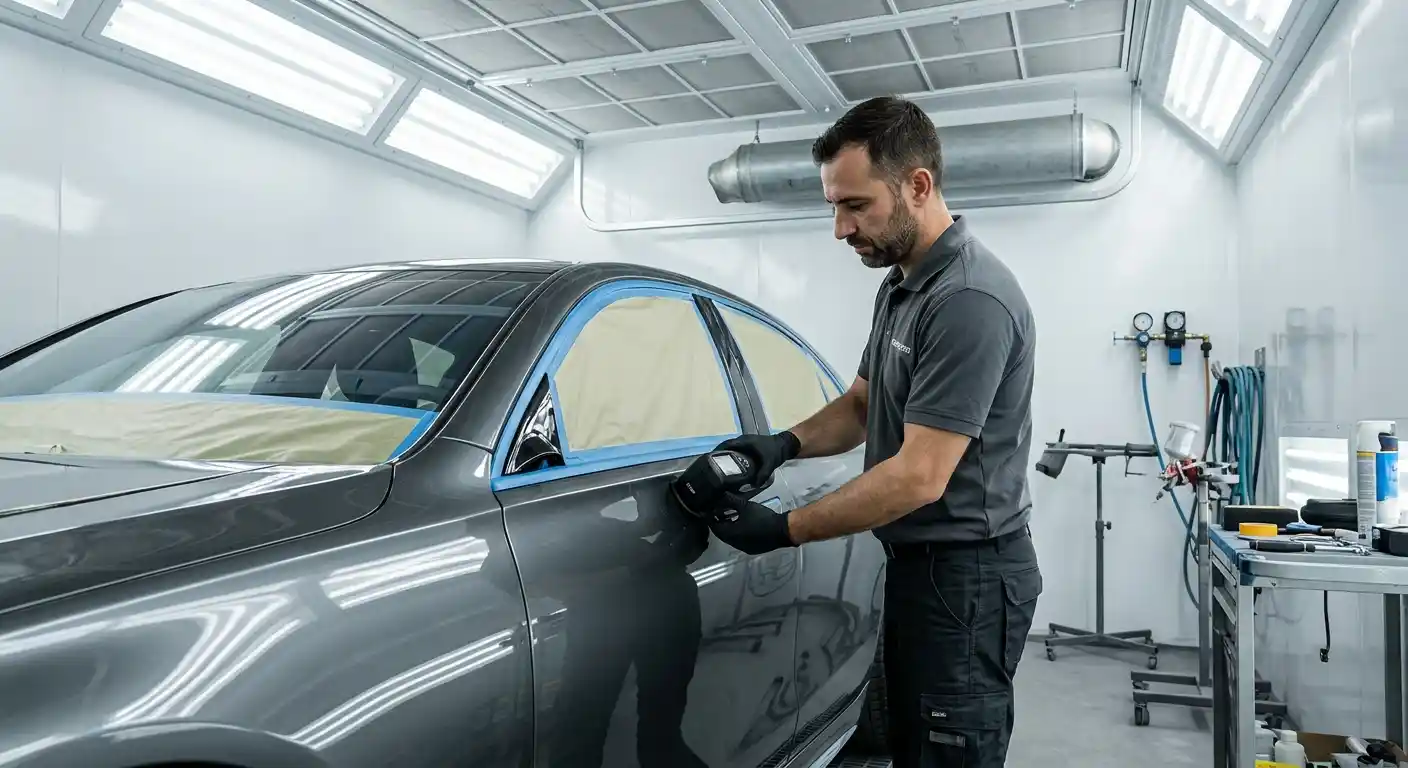 Technician evaluating Bentley paint colour, gloss and texture across a repaired panel in Dubai