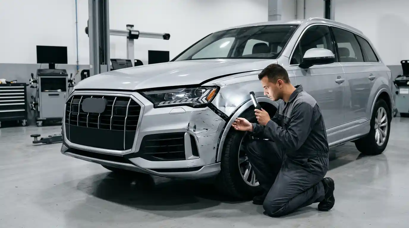 Mercedes-Benz GLC undergoing body repair assessment in a professional Dubai workshop