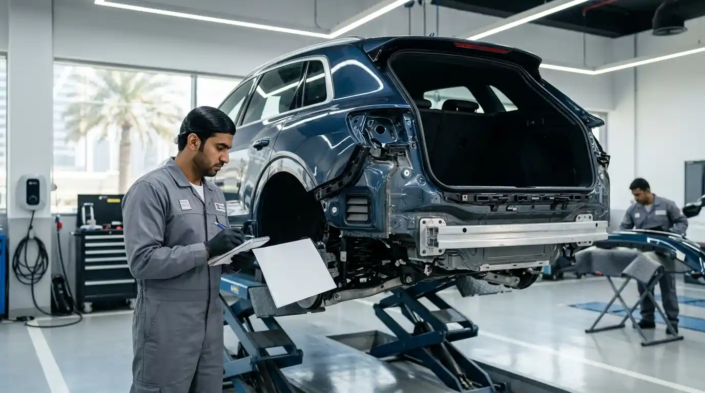 Technician reviewing model-year-specific Tesla Model Y structural repair procedures