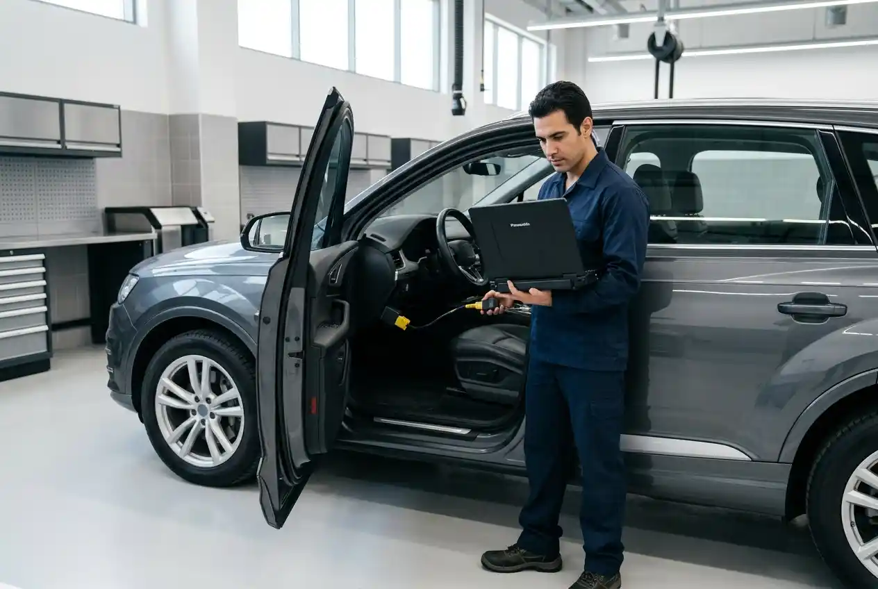 Technician verifying Mercedes-Benz GLC exterior configuration and installed equipment before repair planning
