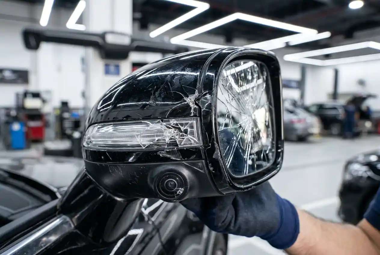 Side mirror assembly inspection separating the painted cap, housing, glass, base and electronic functions