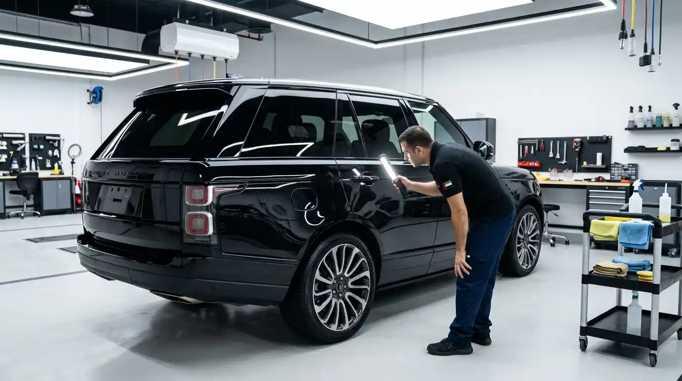 Technician assessing freshly repainted vehicle panels before paint protection film installation in Dubai