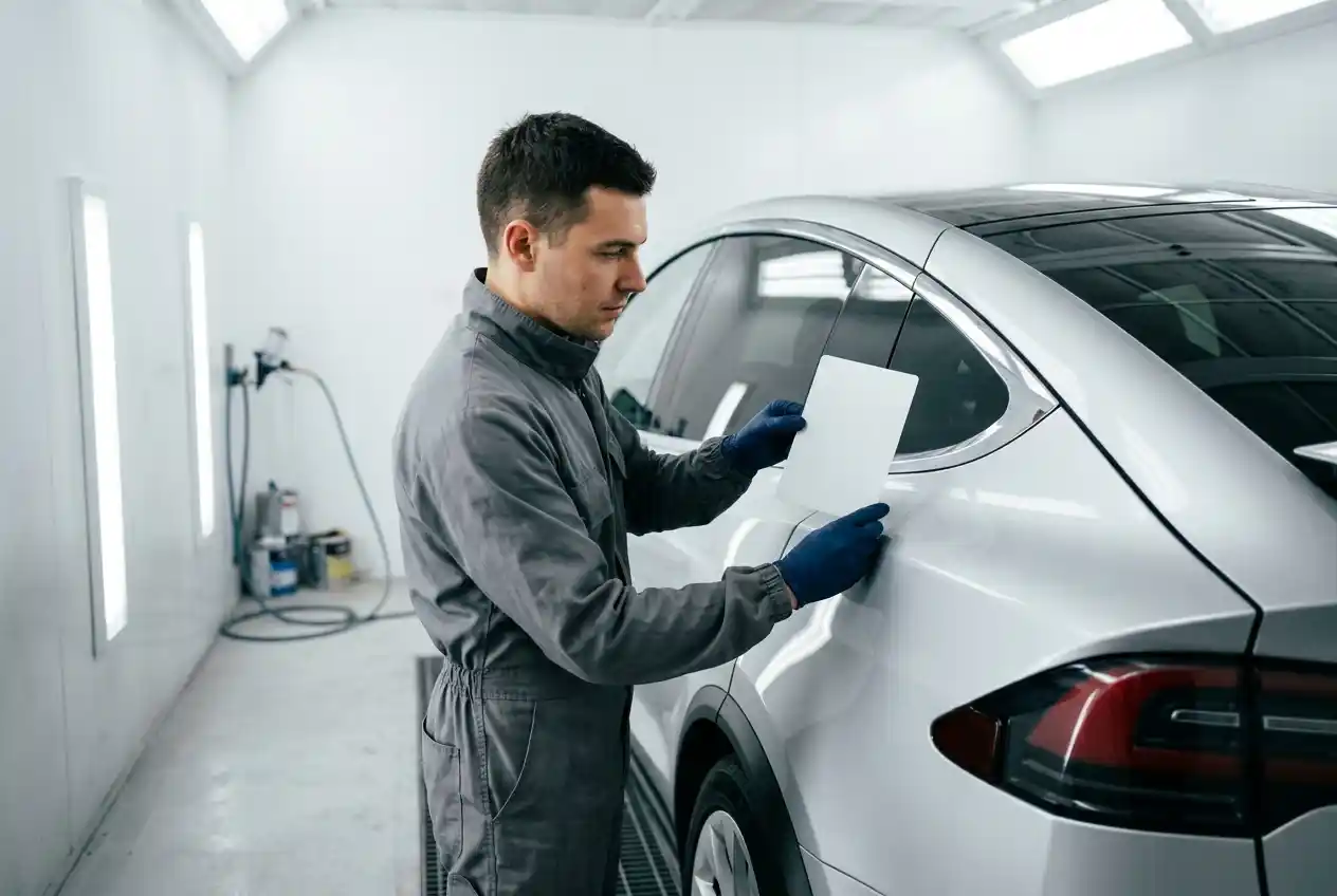 Tesla Model X paint matching assessed across complex falcon-wing door and quarter-panel curves