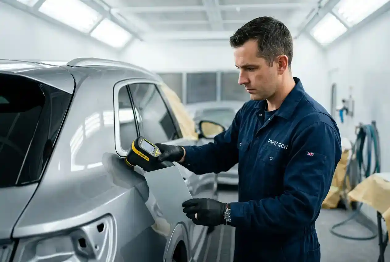 XPeng body panel undergoing controlled paint matching and surface inspection in Dubai