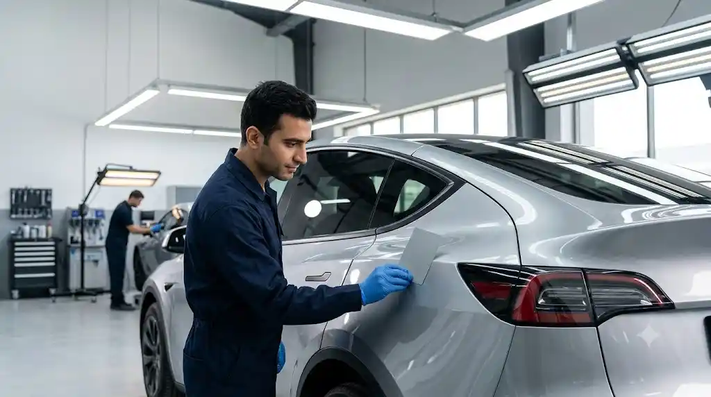 Technician evaluating paint match across the tall curvature of a Tesla Model Y rear quarter