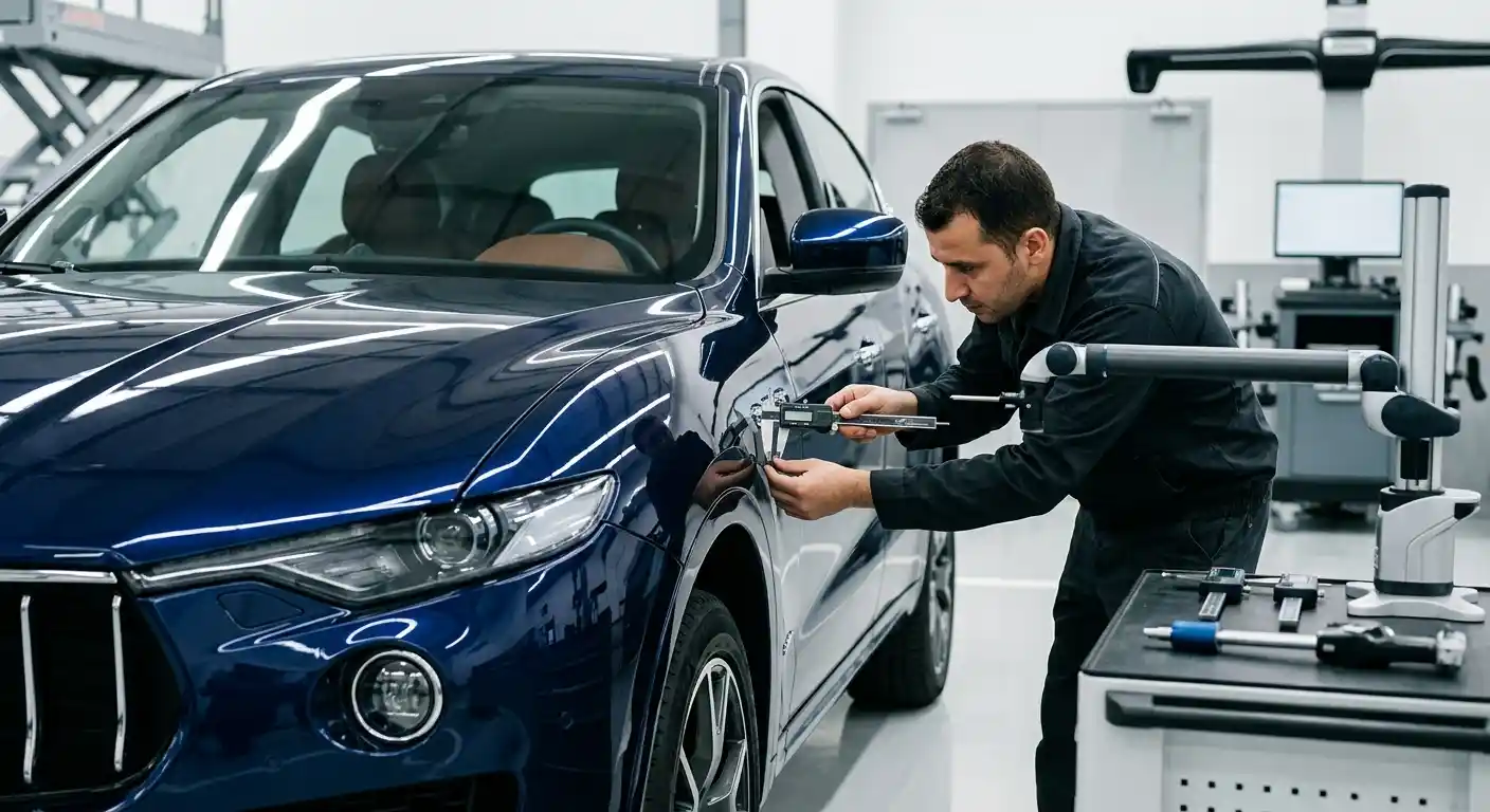 Technician checking reflection continuity across surrounding Maserati body panels in a Dubai workshop