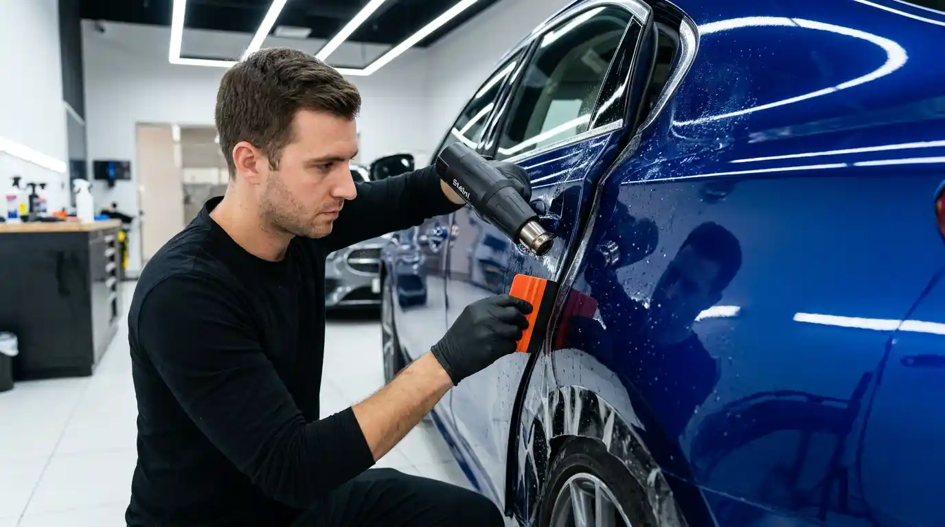 PPF installer planning partial and full vehicle coverage around freshly repainted panel edges