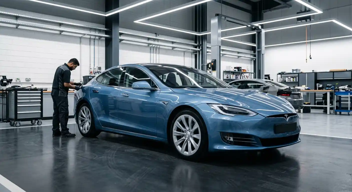 Polestar body shop Dubai vehicle body repair assessment in a professional EV workshop