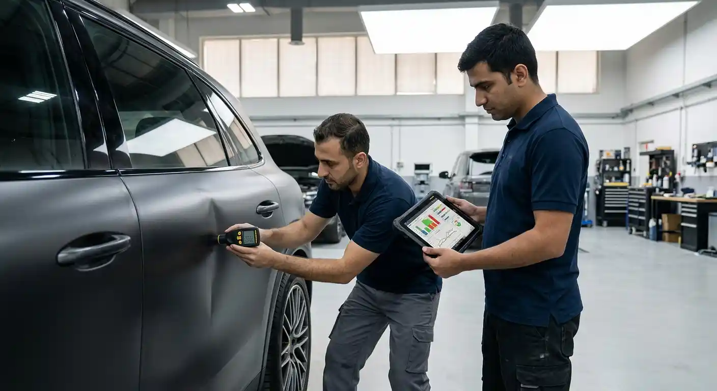 Technician assessing previous paint before using glue-pulling dent repair methods