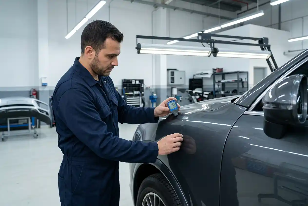 Technician inspecting previous filler, fasteners and repair evidence on a Mercedes-Benz GLC panel