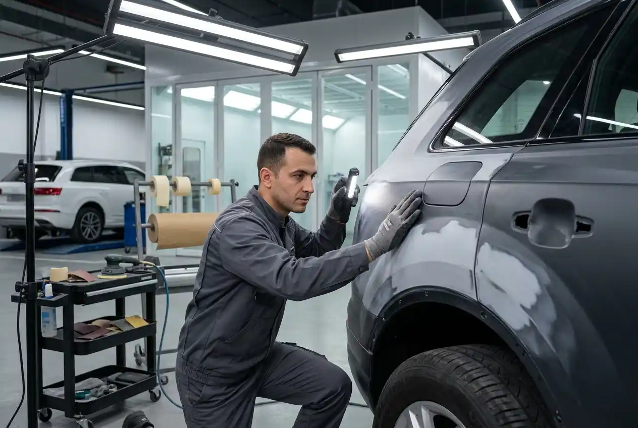 Mercedes-Benz GLC repair progressing through body fit, sensor mounting and paint-production quality gates