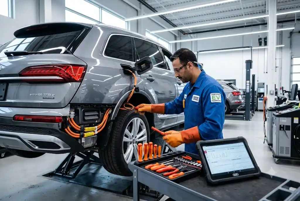 Audi Q7 Plug-In Hybrid High-Voltage Damage Inspection Audi Q7 plug-in hybrid inspected for high-voltage and charging-side damage before body repair