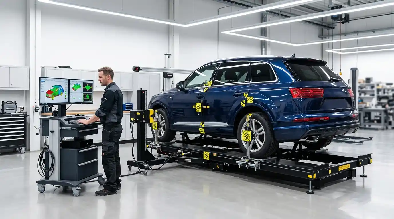 Audi Q7 Structural Measurement Before Pulling Audi Q7 structural repair measured on a body alignment system before controlled pulling
