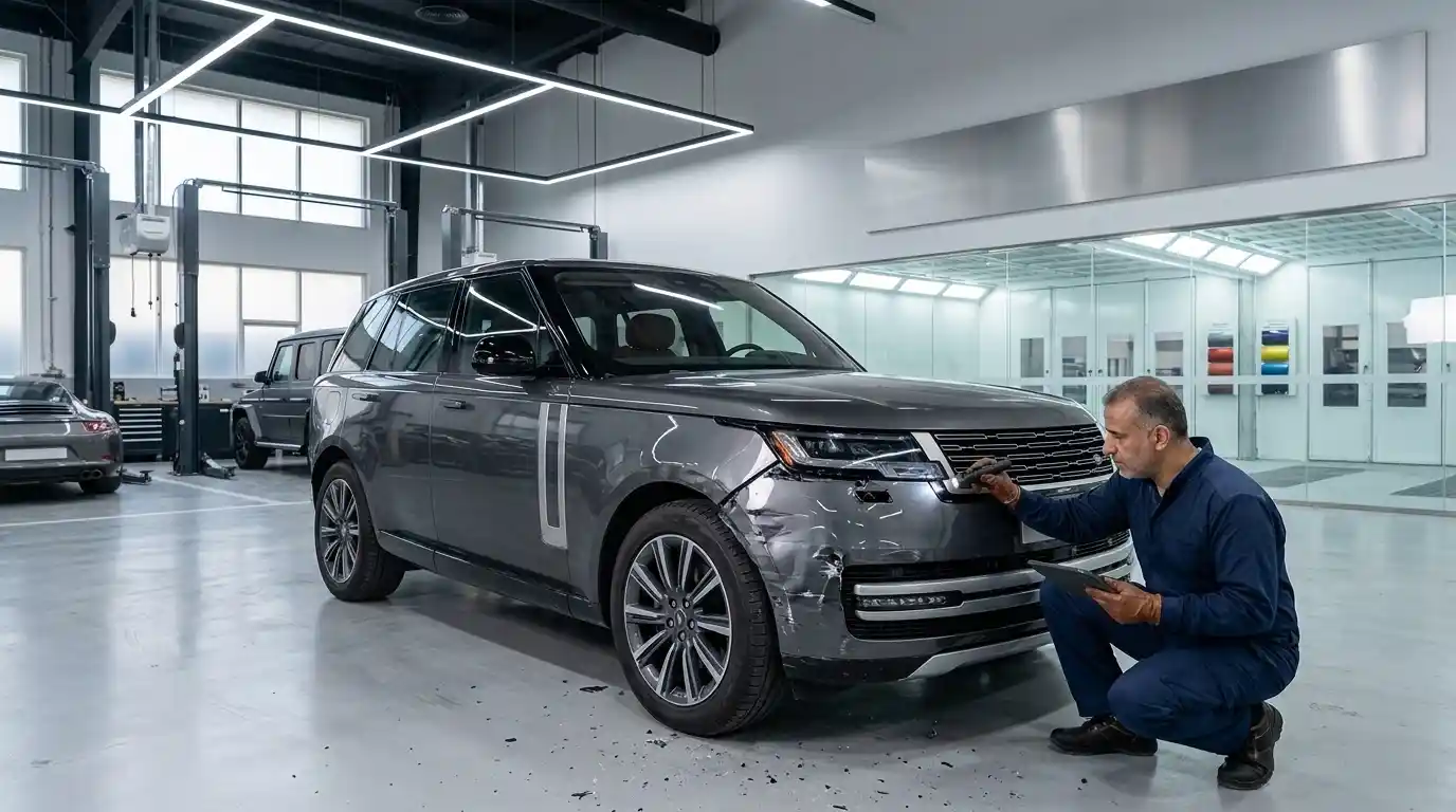 Range Rover body repair assessment inside a professional Dubai workshop