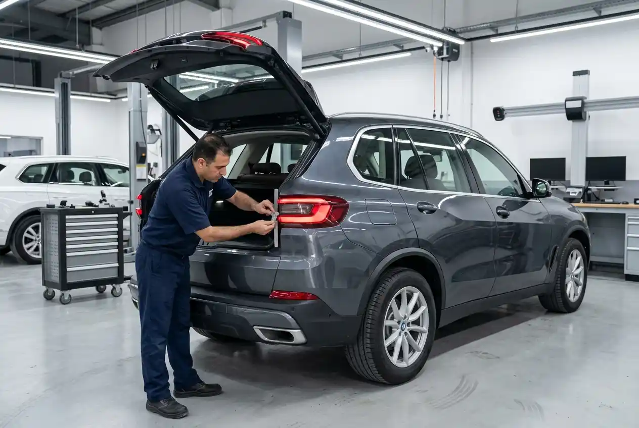 Mercedes-Benz GLC rear-corner inspection comparing tailgate, lamp, quarter panel and bumper relationships
