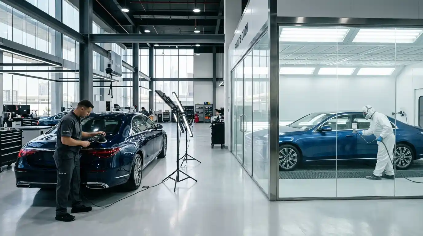 Repaint versus paint correction assessment under professional workshop lighting in Dubai