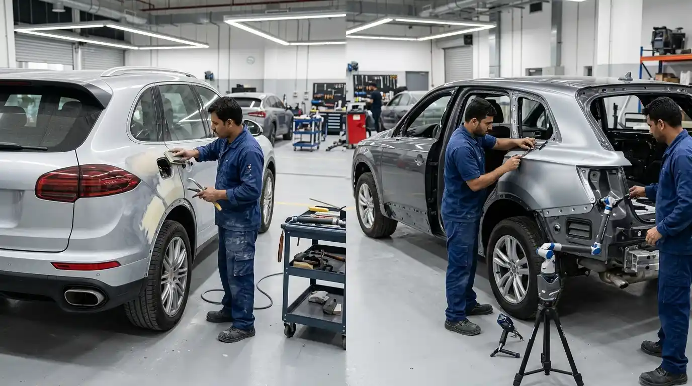 Technician comparing MG panel repair and replacement options using the same structural and finish criteria