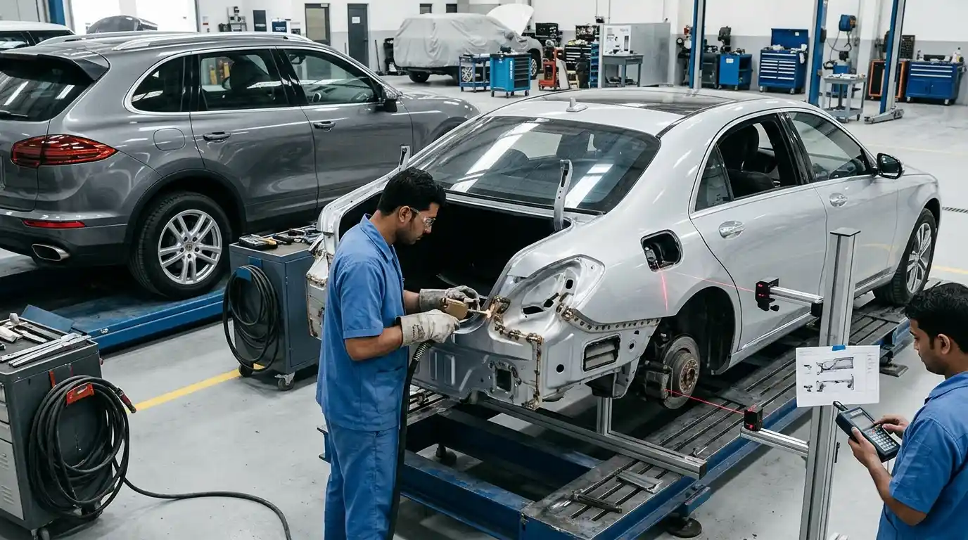 Technician assessing whether quarter panel damage should be repaired or replaced in Dubai